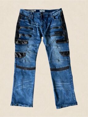 NWOT Ragstar 1602 Moto Cargo Jeans Sz 38 Multi-Zip Biker Distressed Denim Pants